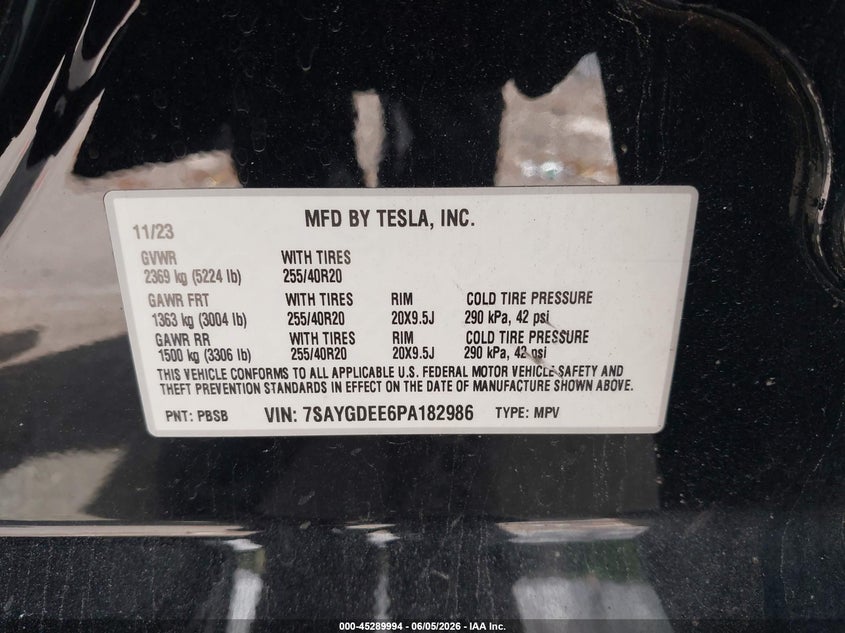 2023 Tesla Model y VIN 7SAYGDEE6PA182986 IAAI salvage auction — REAR END, Mv-907A (New York), sold $7,100 on 2026-07-28 (photo 9)