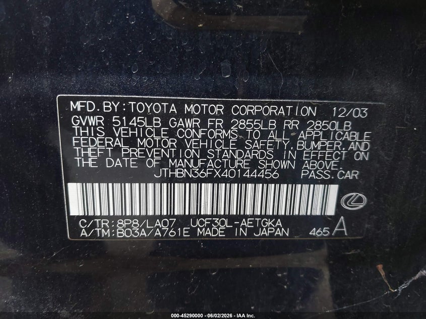 2004 Lexus Ls 430 VIN JTHBN36FX40144456 IAAI salvage auction — NORMAL WEAR, Clear - Dealer Only (California), sold $625 on 2026-07-06 (photo 9)