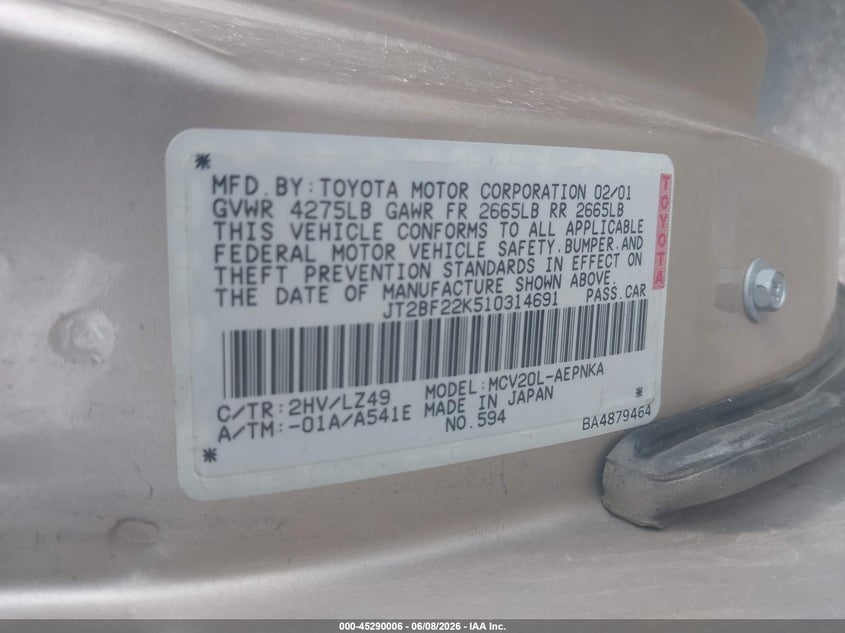 2001 Toyota Camry VIN JT2BF22K510314691 IAAI salvage auction — FRONT END, Salvage (Iowa), sold $450 on 2026-07-14 (photo 9)
