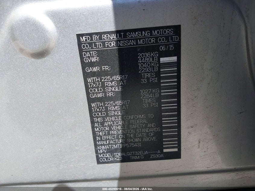 2015 Nissan Rogue VIN KNMAT2MT1FP575431 IAAI salvage auction — LEFT FRONT, Salvage Title, sold $225 on 2026-07-28 (photo 9)