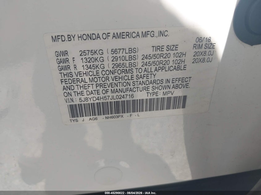 2018 Acura Mdx VIN 5J8YD4H57JL024716 IAAI salvage auction — RIGHT FRONT, Salvage Title, sold $2,750 on 2026-08-02 (photo 9)
