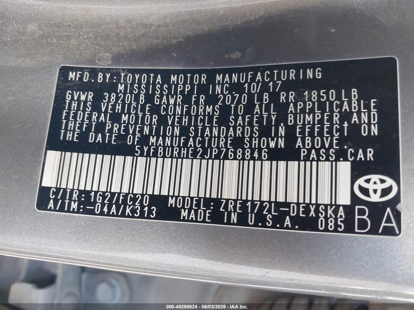 2018 Toyota Corolla VIN 5YFBURHE2JP768846 IAAI salvage auction — LEFT SIDE, Salvage Title, sold $4,200 on 2026-07-14 (photo 9)