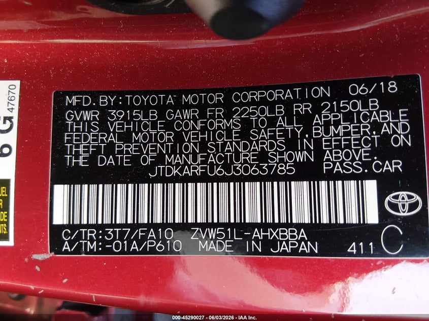 2018 Toyota Prius VIN JTDKARFU6J3063785 IAAI salvage auction — RIGHT FRONT, Clear (Pennsylvania), sold $2,600 on 2026-07-20 (photo 9)