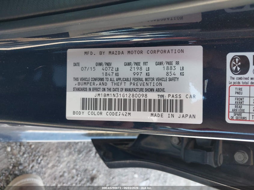 2016 Mazda 3 VIN JM1BM1N31G1280098 IAAI salvage auction — NORMAL WEAR, Clear-Dealer Only (Arizona), sold $3,050 on 2026-07-09 (photo 9)