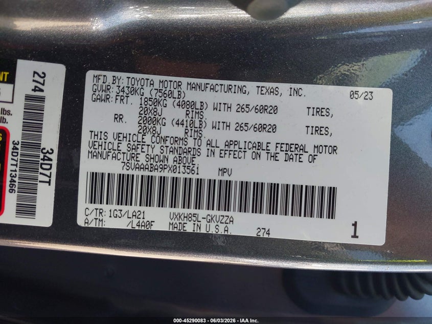 2023 Toyota Sequoia VIN 7SVAAABA9PX013561 IAAI salvage auction — FRONT END, Original (Texas), sold $28,175 on 2026-08-04 (photo 9)
