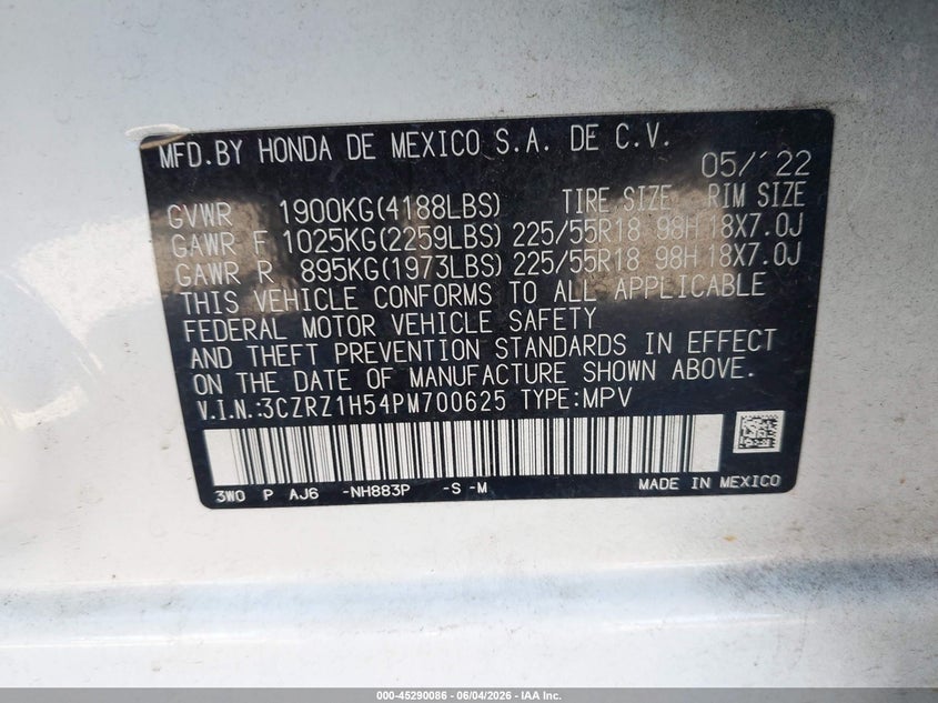 2023 Honda Hr-v VIN 3CZRZ1H54PM700625 IAAI salvage auction — RIGHT SIDE, Salvage Title, sold $8,525 on 2026-07-29 (photo 9)