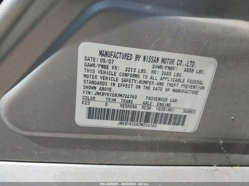 2007 Infiniti G35 VIN JNKBV61E87M724740 IAAI salvage auction — NORMAL WEAR, Clear - Dealer Only (California), sold $625 on 2026-07-08 (photo 9)