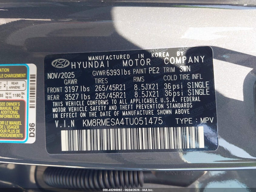 2026 Hyundai Palisade VIN KM8RMESA4TU051475 IAAI salvage auction — RIGHT REAR, Salvage Title, sold $23,000 on 2026-07-30 (photo 9)