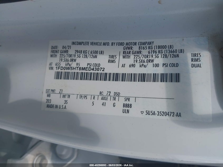 2021 Ford VIN 1FD0W5HT8MED43072 IAAI salvage auction — NORMAL WEAR, Enterprise Vehicles Clear Only (Texas), sold $27,550 on 2026-07-13 (photo 8)