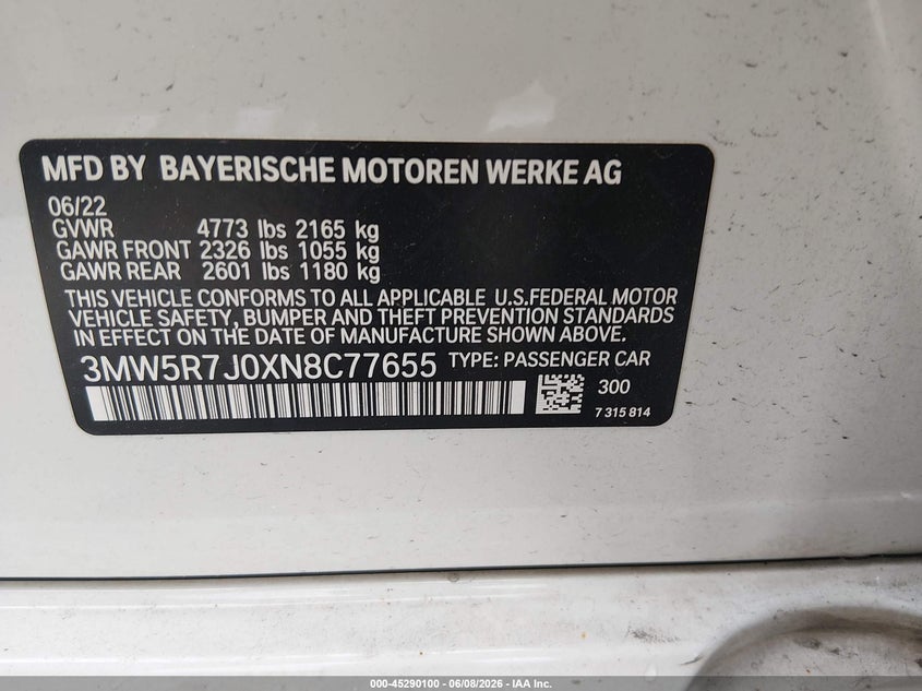 2022 BMW 3er VIN 3MW5R7J0XN8C77655 IAAI salvage auction — REAR END, Salvage Title, sold $14,850 on 2026-08-28 (photo 9)