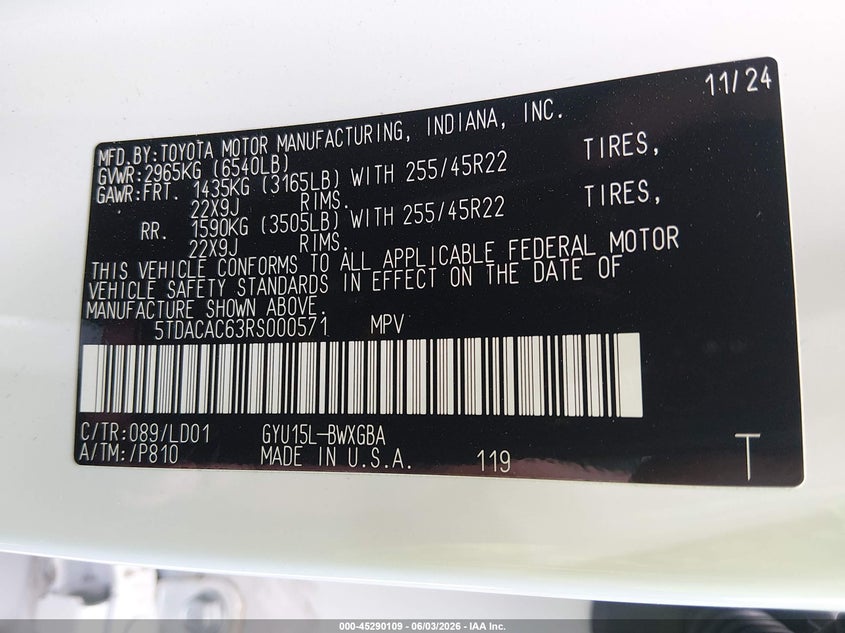 2024 Lexus Tx VIN 5TDACAC63RS000571 IAAI salvage auction — FRONT END, Salvage Title, sold $38,150 on 2026-07-29 (photo 9)