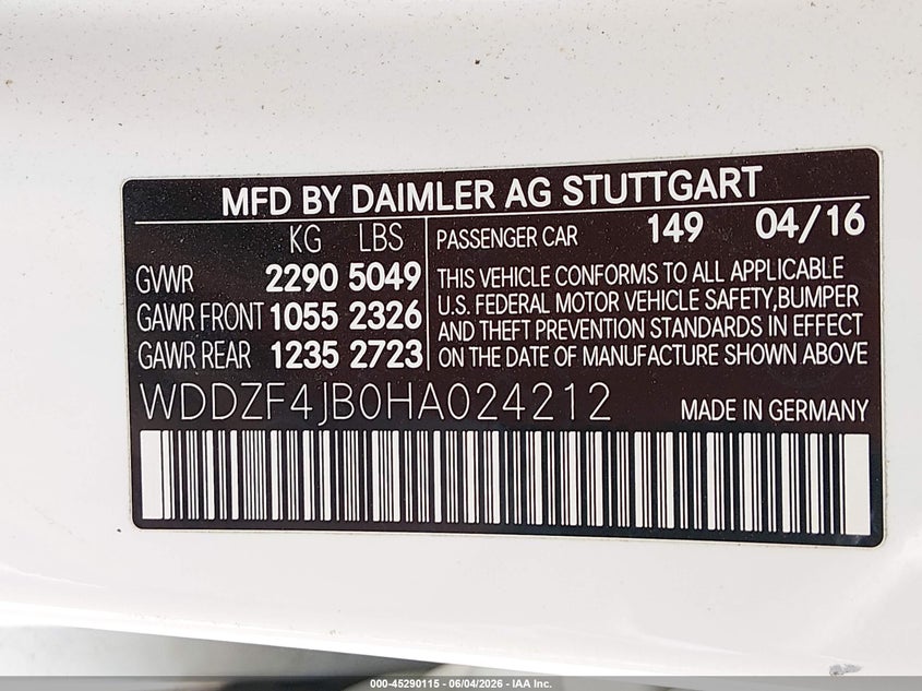 2017 Mercedes-benz E-klasse VIN WDDZF4JB0HA024212 IAAI salvage auction — FRONT END, Salvage Title, sold $6,250 on 2026-07-15 (photo 9)