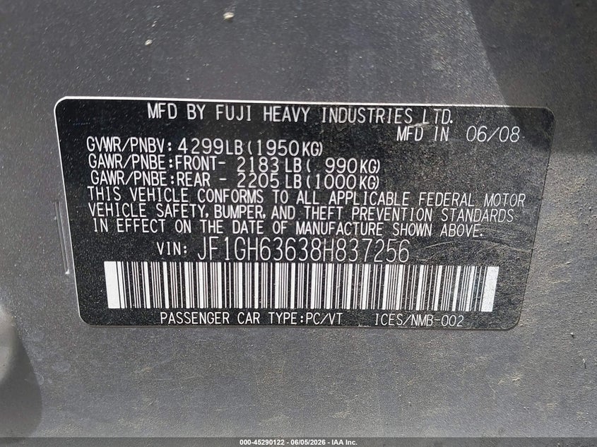 2008 Subaru Impreza VIN JF1GH63638H837256 IAAI salvage auction — NORMAL WEAR, Clear (Washington), sold $350 on 2026-07-28 (photo 9)