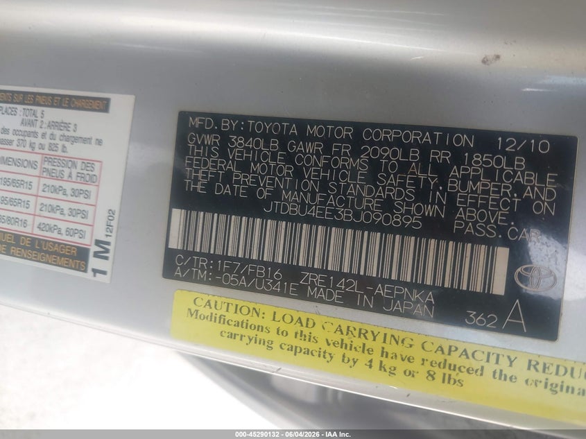 2011 Toyota Corolla VIN JTDBU4EE3BJ090895 IAAI salvage auction — LEFT REAR, Original (Texas), sold $1,925 on 2026-07-10 (photo 9)
