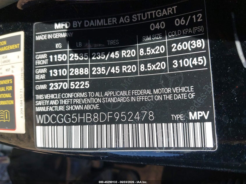2013 Mercedes-benz Glk-klasse VIN WDCGG5HB8DF952478 IAAI salvage auction — REAR END, Wait Title, sold $4,850 on 2026-08-14 (photo 9)