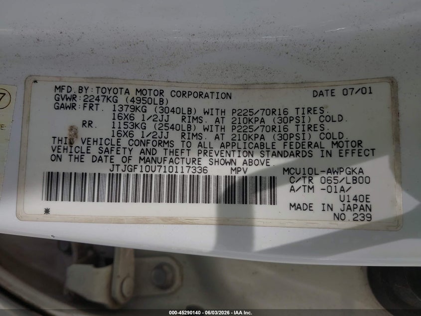 2001 Lexus Rx VIN JTJGF10U710117336 IAAI salvage auction — LEFT FRONT, Salvage (Texas), sold $425 on 2026-07-09 (photo 9)