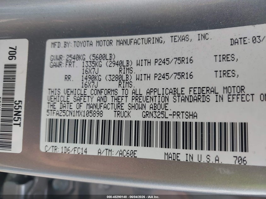 2021 Toyota Tacoma VIN 5TFAZ5CN1MX105898 IAAI salvage auction — REAR END, Salvage Title, sold $10,400 on 2026-07-22 (photo 9)