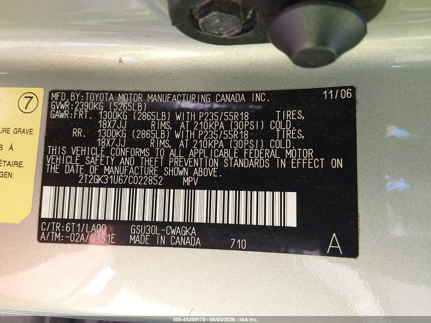 2007 Lexus Rx 350 VIN 2T2GK31U67C022852 IAAI salvage auction — FRONT END, Salvage (North Carolina), sold $575 on 2026-07-22 (photo 9)