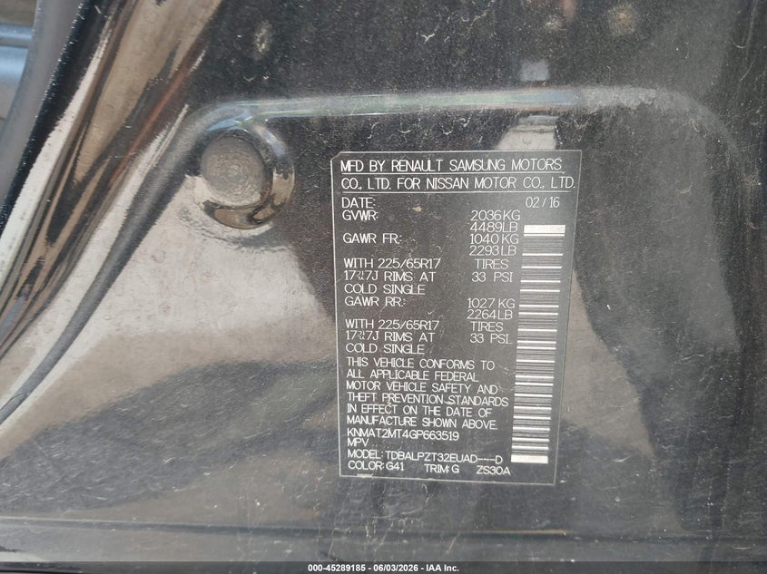 2016 Nissan Rogue VIN KNMAT2MT4GP663519 IAAI salvage auction — FRONT END, Salvage (Texas), sold $1,000 on 2026-07-28 (photo 9)