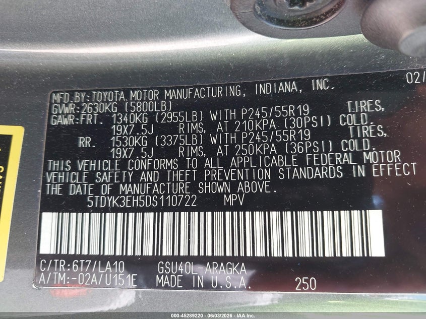 2013 Toyota Highlander VIN 5TDYK3EH5DS110722 IAAI salvage auction — FRONT END, Clear (Tennessee), sold $3,150 on 2026-07-30 (photo 9)