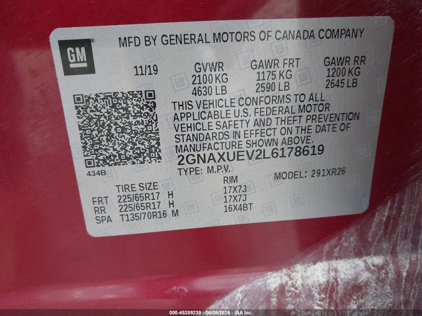 2020 Chevrolet Equinox VIN 2GNAXUEV2L6178619 IAAI salvage auction — REAR END, Salvage Title, sold $2,800 on 2026-07-28 (photo 9)