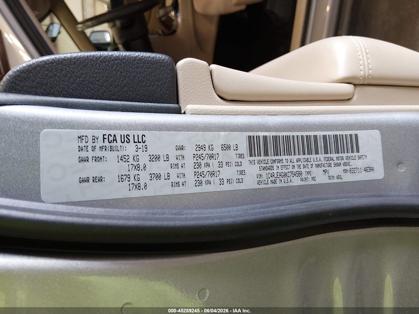 2019 Jeep Grand cherokee VIN 1C4RJEAG0KC754580 IAAI salvage auction — NORMAL WEAR, Sf97 (Arkansas), sold $9,675 on 2026-08-03 (photo 9)