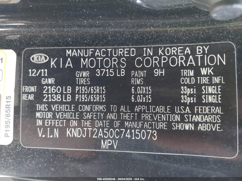 2012 Kia Soul VIN KNDJT2A50C7415073 IAAI salvage auction — RIGHT REAR, Salvage Title, sold $250 on 2026-07-14 (photo 9)
