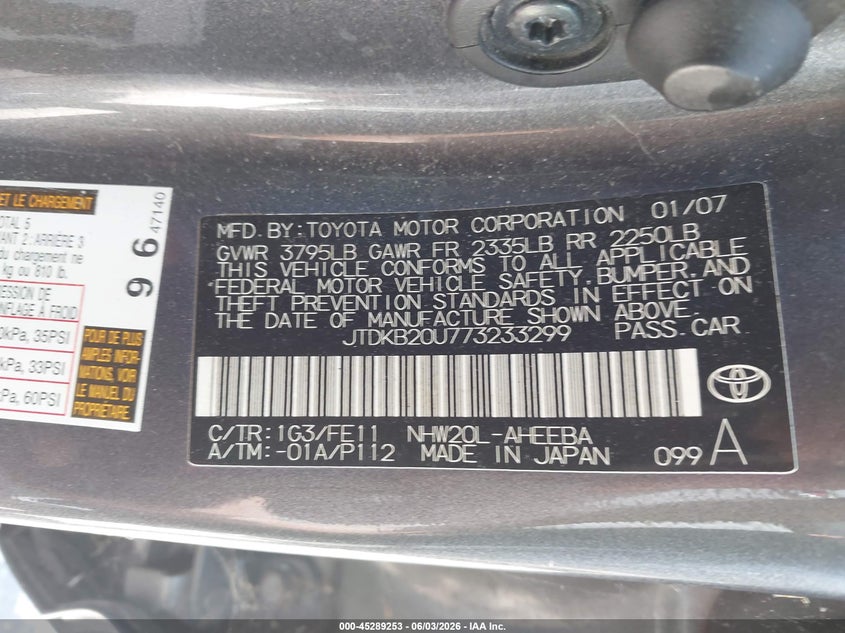 2007 Toyota Prius VIN JTDKB20U773233299 IAAI salvage auction — NORMAL WEAR, Clear (Tennessee), sold $325 on 2026-07-15 (photo 9)
