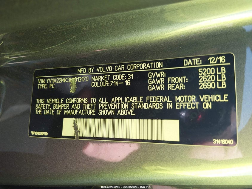 2017 Volvo S90 VIN YV1A22MK3H1013170 IAAI salvage auction — FRONT END, Salvage Title, sold $2,750 on 2026-07-28 (photo 9)