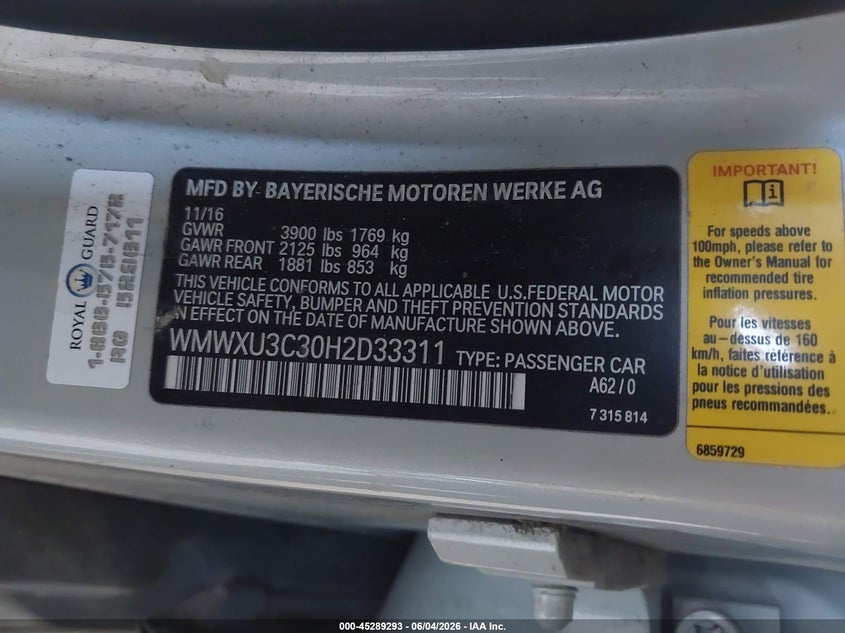 2017 Mini Hard top VIN WMWXU3C30H2D33311 IAAI salvage auction — FRONT END, Salvage Title, sold $1,900 on 2026-07-22 (photo 9)