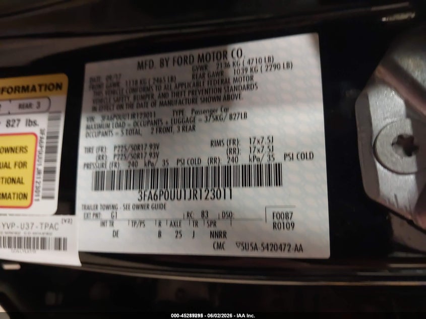 2018 Ford Fusion VIN 3FA6P0UU1JR123011 IAAI salvage auction — NORMAL WEAR, SF97 (South Dakota), sold $4,250 on 2026-07-09 (photo 9)