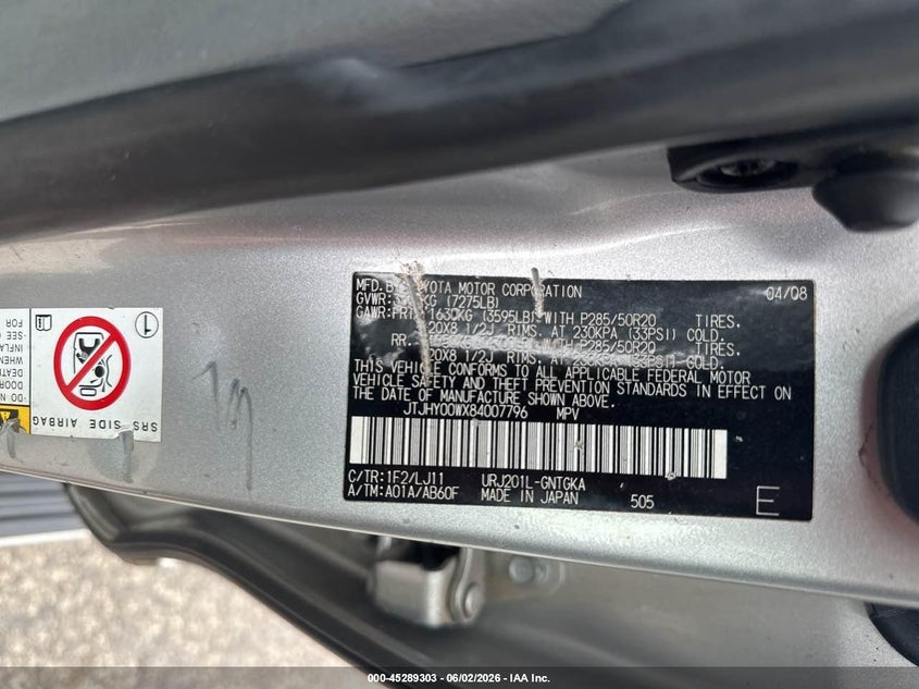2008 Lexus Lx 570 VIN JTJHY00WX84007796 IAAI salvage auction — NORMAL WEAR, Clear (Colorado), sold $12,550 on 2026-07-08 (photo 9)