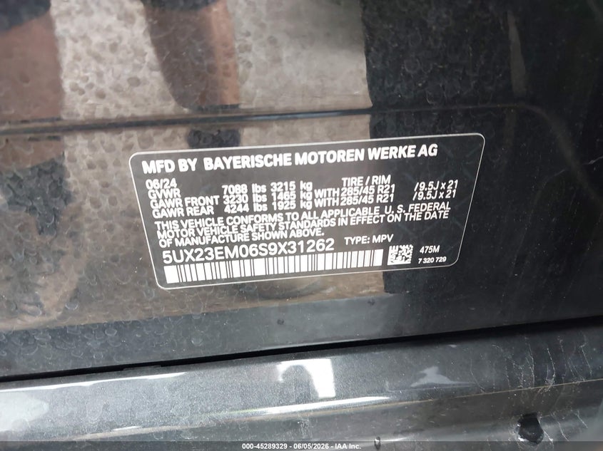 2025 BMW X7 VIN 5UX23EM06S9X31262 IAAI salvage auction — REAR END, Salvage Title, sold $57,125 on 2026-08-03 (photo 9)