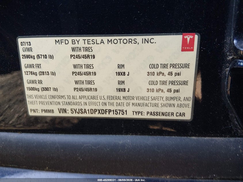 2013 Tesla Model s VIN 5YJSA1DPXDFP15751 IAAI salvage auction — REAR END, Salvage Title, sold $2,825 on 2026-07-16 (photo 9)