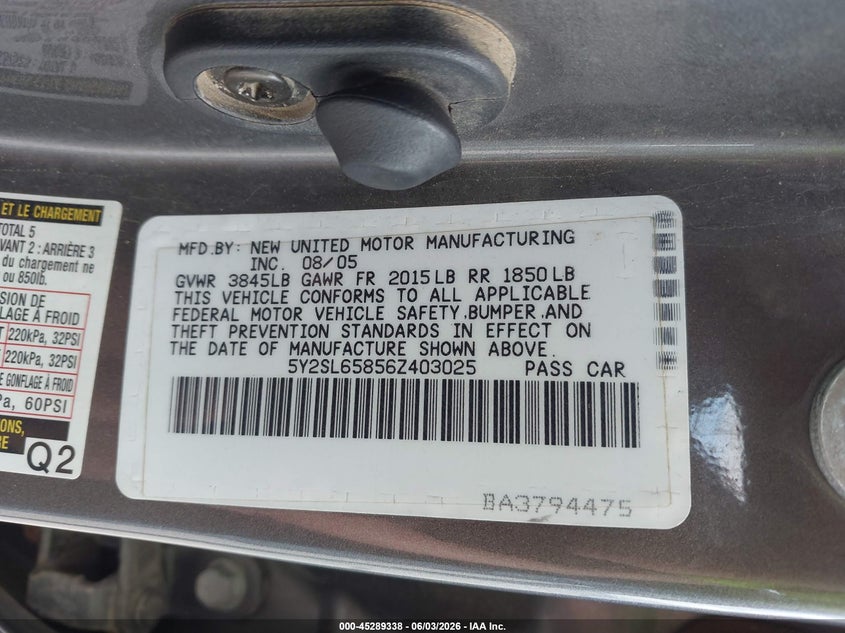 2006 Pontiac Vibe VIN 5Y2SL65856Z403025 IAAI salvage auction — LEFT SIDE, Certificate Of Title (Nebraska), sold $525 on 2026-07-09 (photo 9)