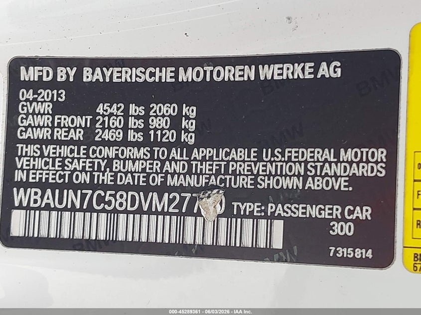 2013 BMW 1er VIN WBAUN7C58DVM27760 IAAI salvage auction — NORMAL WEAR, Clear (Florida), sold $925 on 2026-07-09 (photo 9)