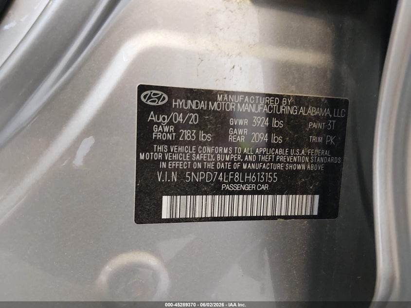 2020 Hyundai Elantra VIN 5NPD74LF8LH613155 IAAI salvage auction — NORMAL WEAR, Sf97 (Oklahoma), sold $10,100 on 2026-08-03 (photo 9)