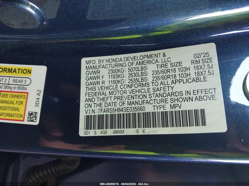 2025 Honda Cr-v VIN 7FARS5H84SE035660 IAAI salvage auction — REAR END, Salvage Title, sold $16,625 on 2026-07-28 (photo 9)