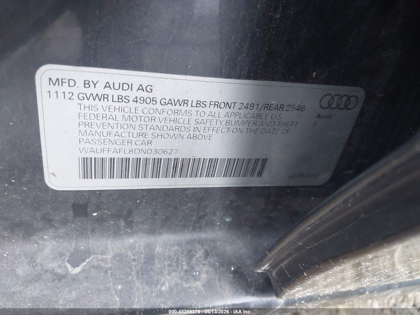 2013 Audi A4 VIN WAUFFAFL8DN030627 IAAI salvage auction — NORMAL WEAR, Original (Kentucky), sold $800 on 2026-07-13 (photo 9)