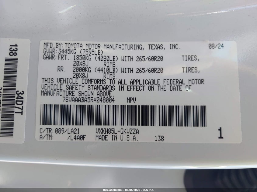 2024 Toyota Sequoia VIN 7SVAAABA5RX048004 IAAI salvage auction — FRONT END, Salvage Title, sold $19,600 on 2026-07-22 (photo 9)