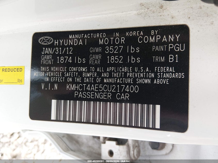 2012 Hyundai Accent VIN KMHCT4AE5CU217400 IAAI salvage auction — NORMAL WEAR, Peddle Clear Public-Restricted (Oregon), sold $200 on 2026-07-20 (photo 9)
