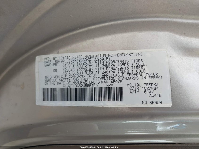 2002 Toyota Sienna VIN 4T3ZF19C62U506455 IAAI salvage auction — UNKNOWN, Clear (Georgia), sold $1,200 on 2026-07-09 (photo 9)