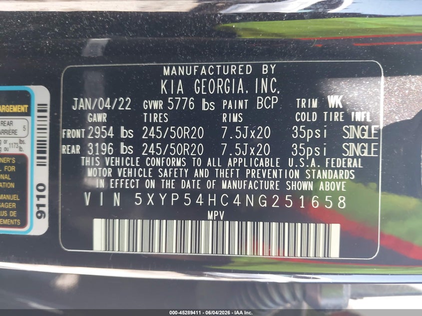 2022 Kia Telluride VIN 5XYP54HC4NG251658 IAAI salvage auction — LEFT SIDE, Salvage Title, sold $8,825 on 2026-07-24 (photo 9)