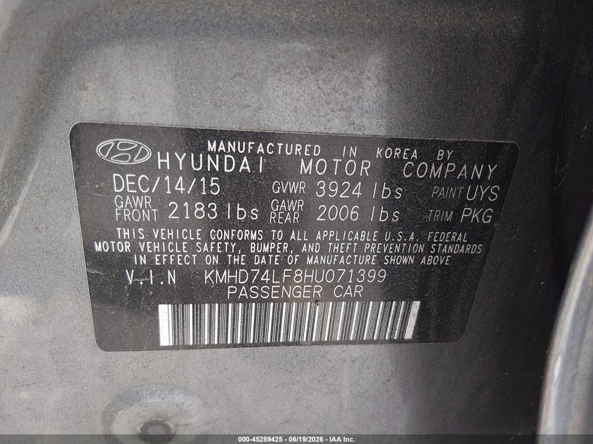 2017 Hyundai Elantra VIN KMHD74LF8HU071399 IAAI salvage auction — REAR END, Salvage (Idaho), sold $1,200 on 2026-07-17 (photo 9)