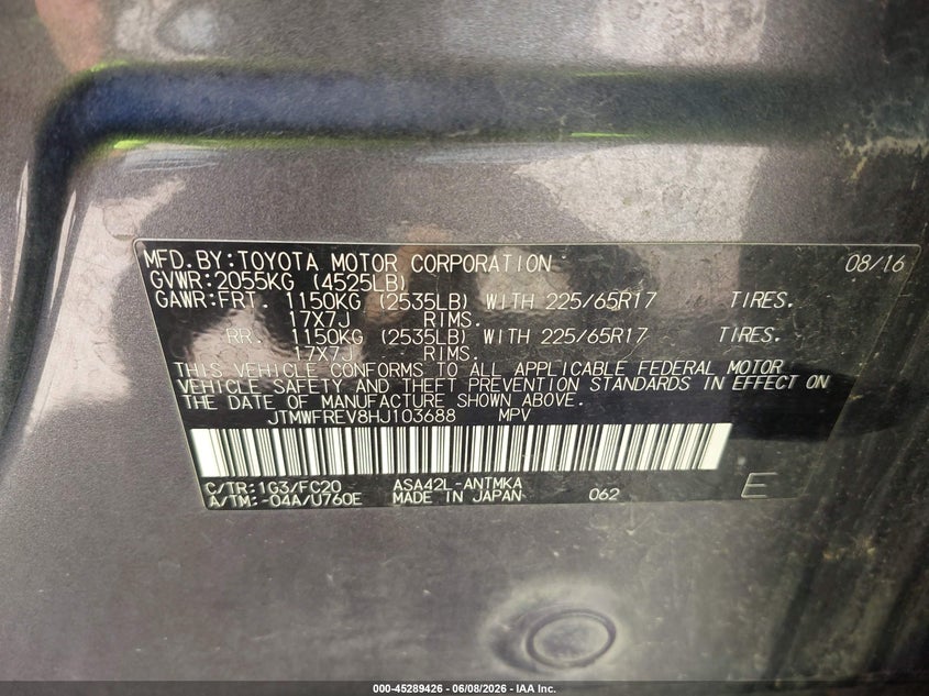 2017 Toyota Rav 4 VIN JTMWFREV8HJ103688 IAAI salvage auction — HAIL, Salvage Title, sold $4,550 on 2026-07-16 (photo 9)