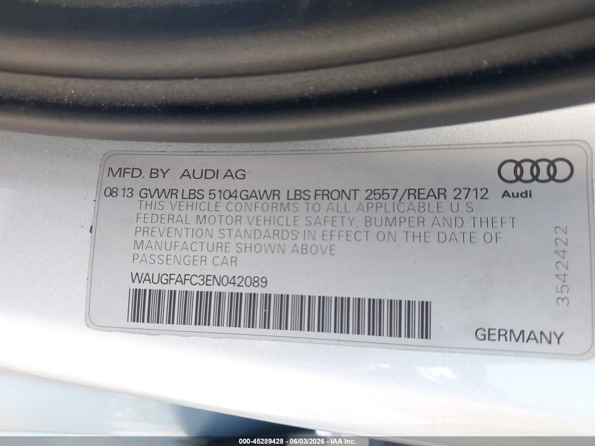 2014 Audi A6 VIN WAUGFAFC3EN042089 IAAI salvage auction — FRONT END, Salvage (Virginia), sold $925 on 2026-07-28 (photo 9)