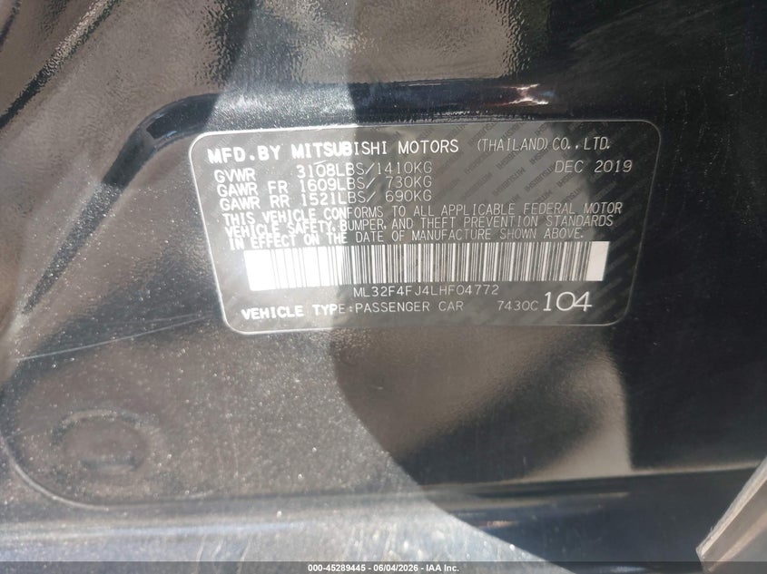 2020 Mitsubishi Mirage VIN ML32F4FJ4LHF04772 IAAI salvage auction — REAR END, Salvage Title, sold $1,600 on 2026-07-11 (photo 9)