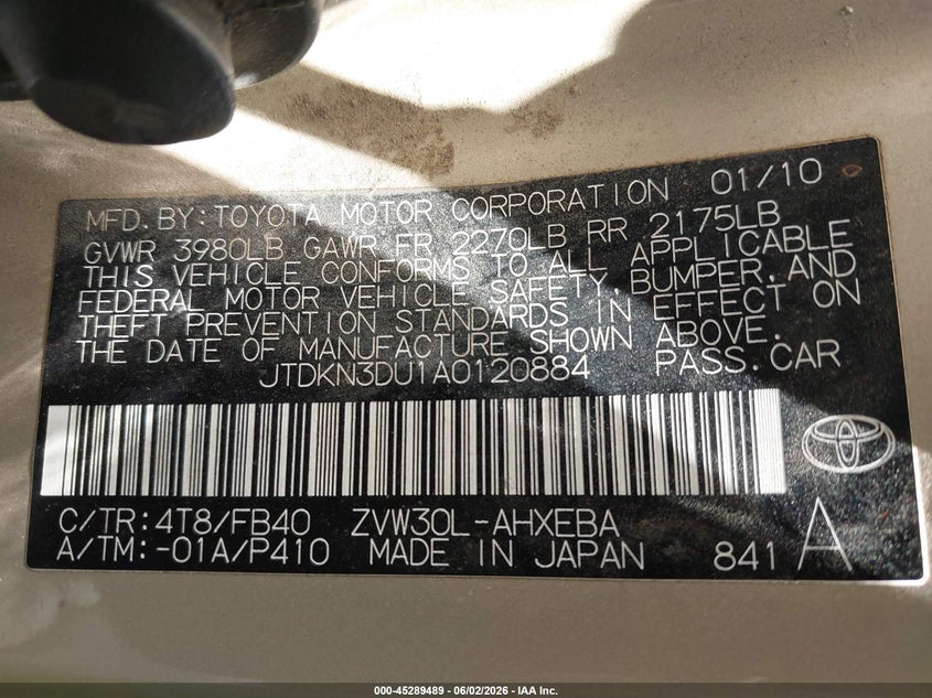 2010 Toyota Prius VIN JTDKN3DU1A0120884 IAAI salvage auction — NORMAL WEAR, Clear - Dealer Only (California), sold $775 on 2026-07-13 (photo 9)