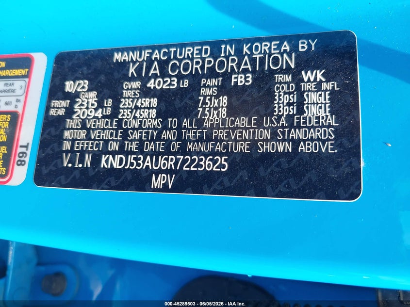 2024 Kia Soul VIN KNDJ53AU6R7223625 IAAI salvage auction — SIDE, Salvage Title, sold $3,975 on 2026-07-23 (photo 9)