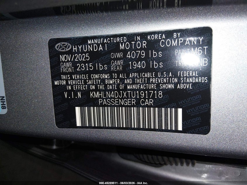 2026 Hyundai Elantra VIN KMHLN4DJXTU191718 IAAI salvage auction — REAR END, Salvage Title, sold $7,300 on 2026-07-28 (photo 9)